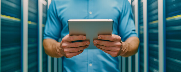 Close-up man's hands holding tablet, wearing a blue shirt, standing between two rows of data center computer racks. Male inside a server room.