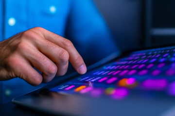 Close-up hand on a keyboard, with vibrant color charts displayed in front of them. Professional work in business technology or financial trading.