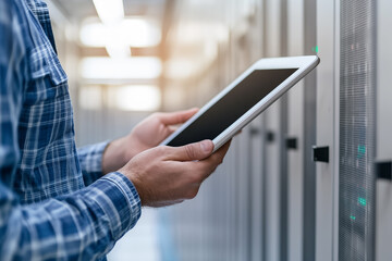 Close-up an IT professional  hands using a white tablet management of server equipment in a data center. Male works in rows of large hard drives and metallic architecture.