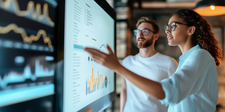 Woman and man in glasses pointing at a whiteboard with graphs, working together on a project in an office. Team of two business people discussing data near a large screen displaying analytics.