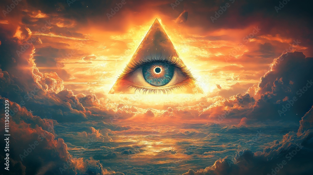 Poster surreal cosmic eye enclosed in a glowing triangle, symbolizing mystery, vision, and the imaginative 