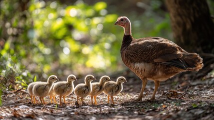 A mother turkey walks with her six fluffy chicks in a sunlit forest setting.