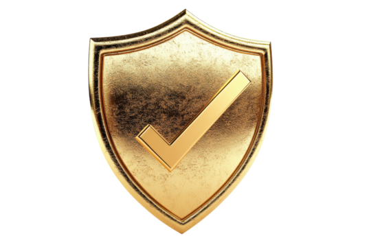 3D illustration of a safety shield with a check mark, isolated on a white background, industrial mark