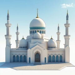 Obraz premium Stunning 3D model of mosque exterior. White structure with intricate details. Domes, minarets. Architectural design highlights Islamic motifs. Perfect image for architecture portfolios, travel