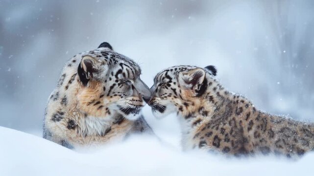 Snow leopards nuzzling in the snow. AI.