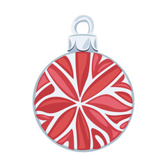 Red Christmas tree ball, vector illustration isolated from background. Decoration for Christmas tree. Red bauble. Symbol of Happy New Year and Christmas celebration