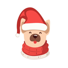 Dog in Santa Claus hat. Bulldog in red scarf and colorful Christmas hat. Vector illustration of domestic puppy ready for holiday. New Year and Christmas concept. Cute happy puppy