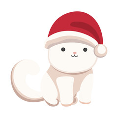 Cat in Santa Claus hat. Cute cat in red Christmas hat. Vector illustration of pet ready for holiday. New Year and Christmas concept. Cute happy kitten