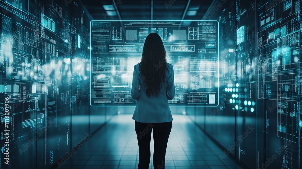 Poster professional woman analyzing data in a futuristic server room, emphasizing technology, cybersecurity