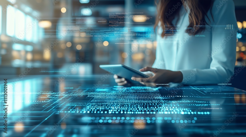 Poster businesswoman interacting with a futuristic digital interface and tablet, highlighting innovation, a