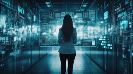 Professional woman analyzing data in a futuristic server room, emphasizing technology, cybersecurity, and IT innovation in modern business environments, Generative AI