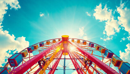 A vibrant ferris wheel with colorful hues under a sunny, blue sky.