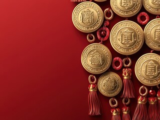 Decorative golden coins with tassels on a red background, symbolizing prosperity.