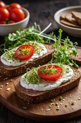 A healthy meal of whole wheat dark (brown) rye bread, curd cream cheese, radish, alfalfa sprouts, ham, cherry tomatoes and green