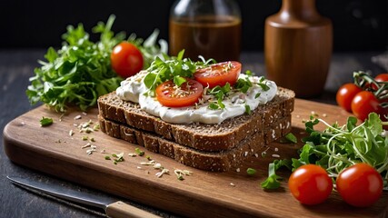 A healthy meal of whole wheat dark (brown) rye bread, curd cream cheese, radish, alfalfa sprouts, ham, cherry tomatoes and green