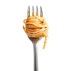 isolated spaghetti with tomato sauce on a fork	
