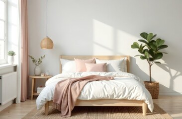 Scandinavian style bedroom with clean white bed, light wooden furniture, pastel toned cushions and rattan pendant lamp. Cozy and elegant interior design
