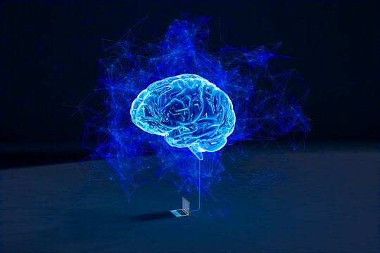 AI links to a glowing brain in a futuristic setup