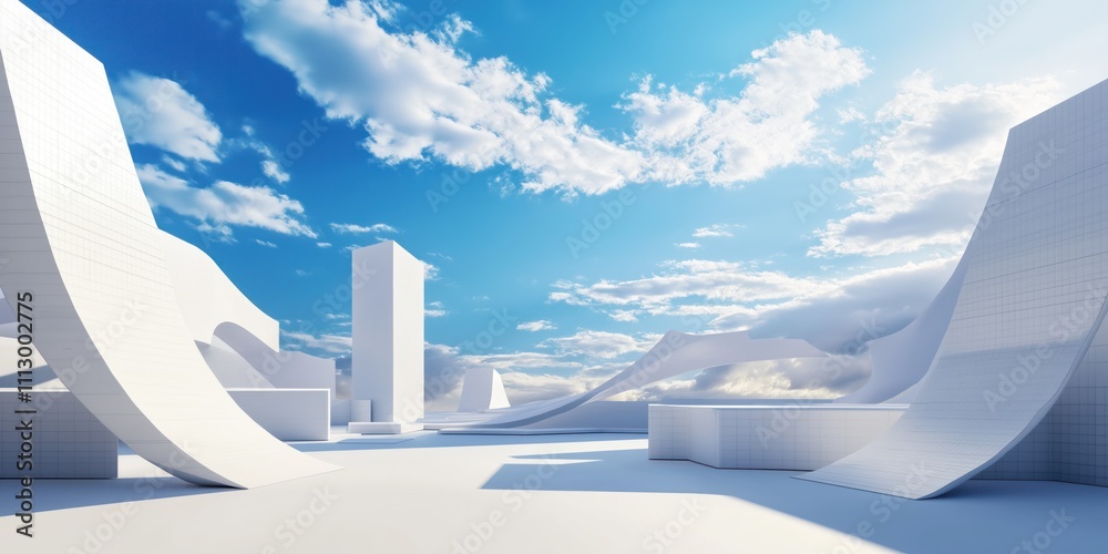 Poster Futuristic minimal architecture landscape with white geometric shapes under blue sky with clouds. Abstract design. Empty space. Panoramic view. Stylish landmark. Modern building structures. Elegant