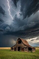 Fototapeta premium Abandoned barn with storm clouds converging overhead, nebraska, united states of america