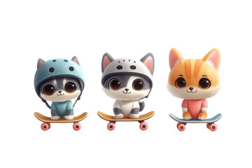 Fototapeta premium Set of cute cats in a helmet and on a skateboard on a white background