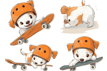 Set of cute dogs in a helmet and on a skateboard playing on a skateboard