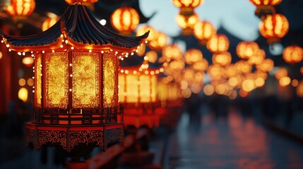 Obraz premium Illuminated Chinese Lanterns Festive Street Scene Asian Culture Night Lights