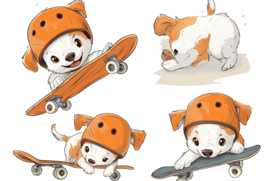 Set of cute dogs in a helmet and on a skateboard playing on a skateboard