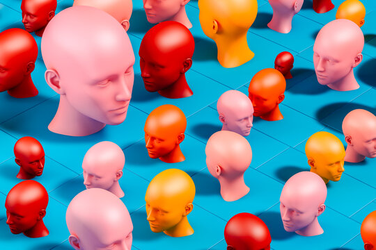 Exploring diversity with colorful head sculptures on a blue backdrop