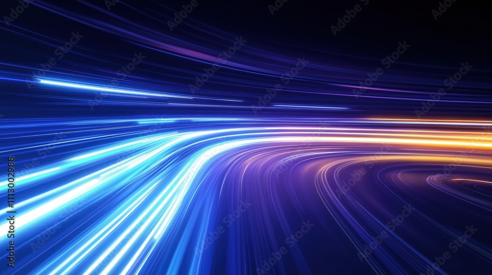 Poster abstract 3d render shows fast motion of light trails, beams. dynamic curves illustrate high speed, p