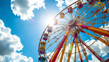A vibrant ferris wheel with colorful hues under a sunny, blue sky.