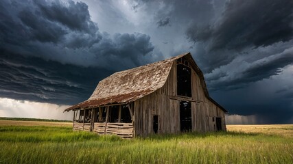 Obraz premium Abandoned barn with storm clouds converging overhead, nebraska, united states of america