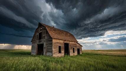 Fototapeta premium Abandoned barn with storm clouds converging overhead, nebraska, united states of america
