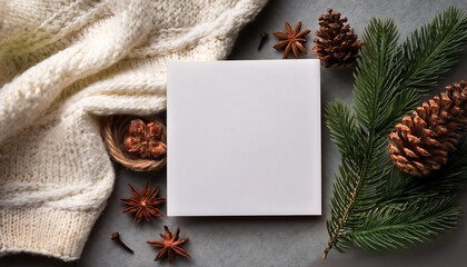 Blank card surrounded by pine cones and spices on textured surface with white knitted sweater. Generative AI