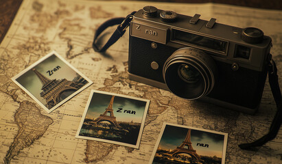 A vintage camera resting on a world map, accompanied by printed photographs of the Eiffel Tower. This scene evokes a sense of nostalgia and adventure.