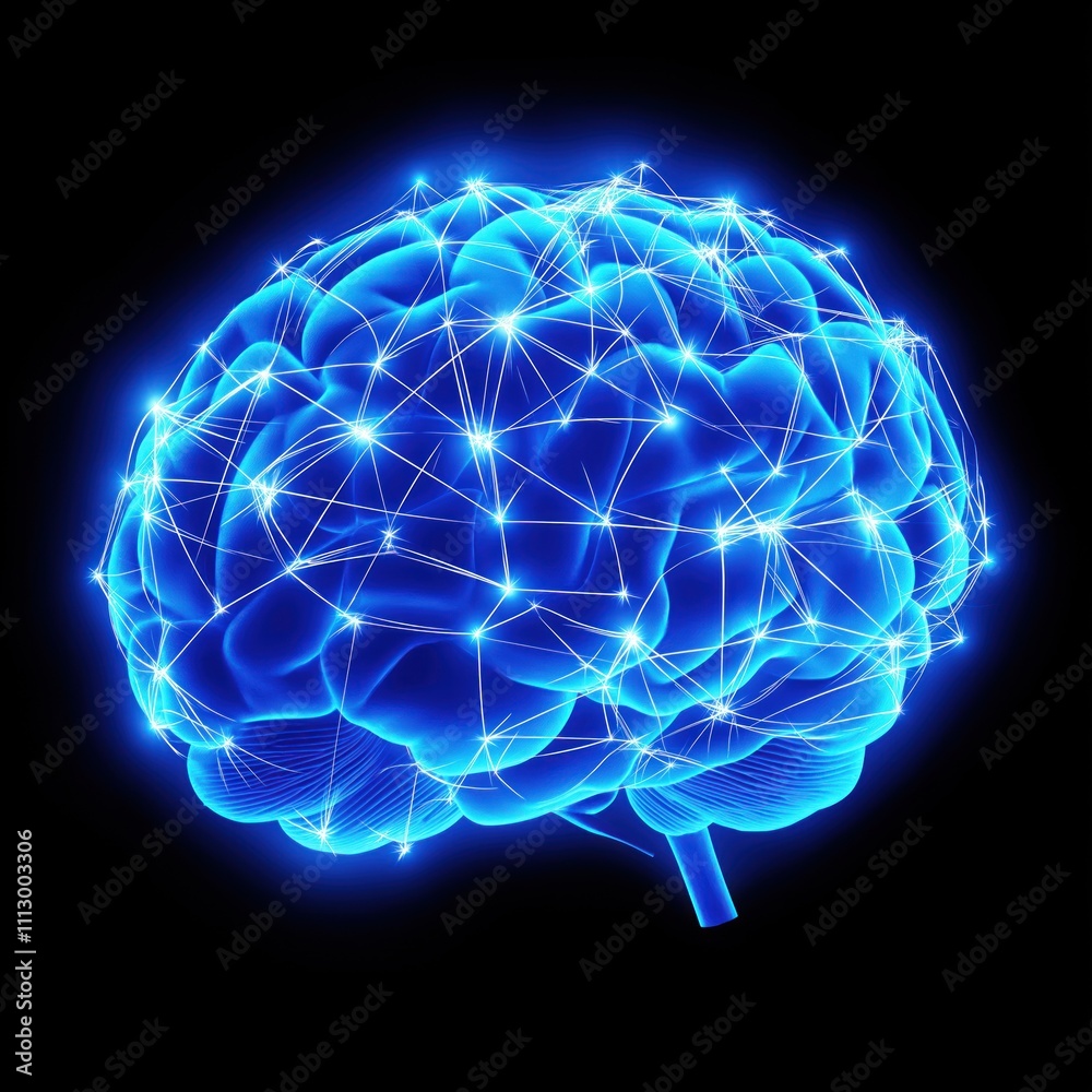 Poster glowing blue brain illustration shows neural network connections. brain anatomy visualized with glow