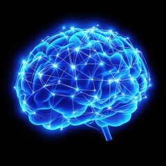 Glowing blue brain illustration shows neural network connections. Brain anatomy visualized with glowing connections. Modern tech medical image. Concept of neurology, neuroscience, brain health. Image