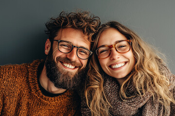 A joyful couple posing close together, showcasing their charming smiles and stylish eyewear against a neutral background.