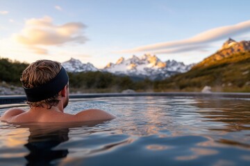 Fototapeta premium A serene view of a man enjoying a peaceful soak in a hot spring while gazing at stunning mountain scenery, surrounded by nature's beauty and tranquility at sunset.