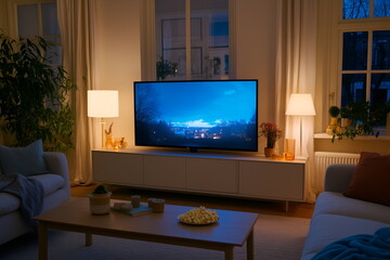 A creative home cinema setup with a vintage projector, old movie posters on the walls, and a cozy, retro-style living room