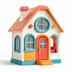 Colorful plastic toy house, small details, cheerful design.
