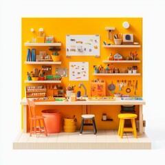 Miniature art studio; vibrant, organized workspace.