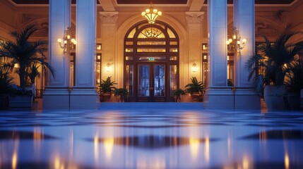 Fototapeta premium Elegant entrance hall with decorative lighting and palm plants.