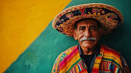 Obraz premium Elderly man proudly displays his colorful sombrero and traditional attire against a bright yellow and green wall in a culturally rich environment. The warm colors highlight his wise expression