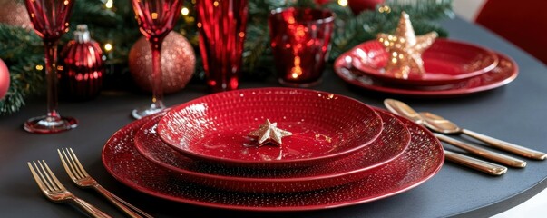 A christmas table setting with red plates and silverware created