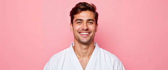 Obraz premium Smiling man in white karate uniform against pink background