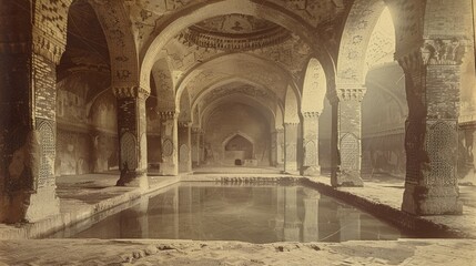 Obraz premium Ancient bathhouse interior; ornate columns, arched ceilings, reflecting pool.
