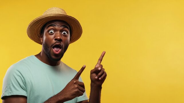 A man wearing a straw hat and a light blue shirt shows excitement while pointing at an empty area on a vibrant yellow background. His facial expression conveys joy and surprise