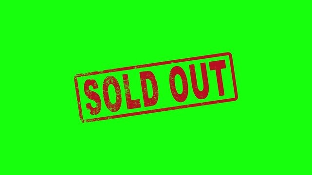 Grunge red sold out word square rubber seal stamp zoom on green background in 4K. 3d sold out text on green screen loop animation, red and gold rubber stamp shopping design element.