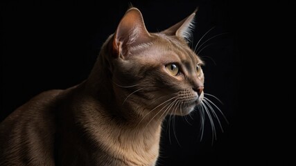 Closeup Portrait of Burmese Cat in Profile view Isolated on black background